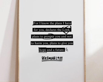 Jeremías 29:11 Arte de pared Arte cristiano para pared Arte bíblico para pared Arte de escrituras para pared Decoración cristiana para dormitorio Impresión de fe Decoración estética para habitaciones