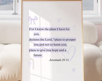 Jeremías 29:11 Arte de pared morado Arte de pared cristiano Láminas de versículos bíblicos de moda Arte de pared con versículos bíblicos Arte de pared para niña cristiana Regalo de confirmación