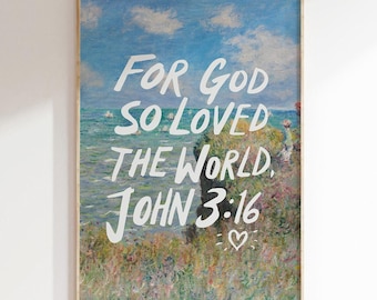 John 3 16 Wall Art for God So Loved the World Christian Wall Art Bible Verse Wall Art Scripture Wall Art Watercolor Print Faith Decor