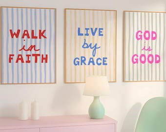Set of 3 Christian Wall Art Stripes Bible Verse Wall Art Preppy Wall Art Apartment Wall Art Bible Verse Art Dorm Room Decor Trendy Wall Art