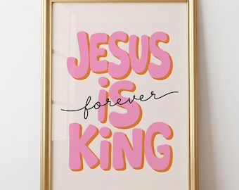 Jesus Is King Wall Art Retro Christian Wall Art Pink Christian Wall Art Christian Dorm Decor Trendy Christian Wall Art Teen Girl Room Decor