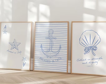 Blue Coastal Wall Art Set of 3 Christian Wall Art Blue Bible Verse Wall Art Jesus Wall Art Beachy Wall Art Blue Room Decor Ocean Wall Art