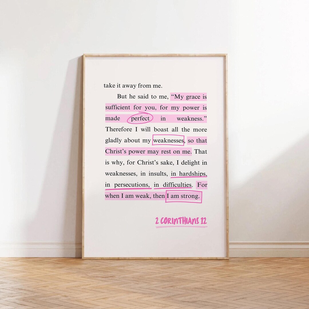 2 Corinthians 12 9 Wall Art Pink Christian Wall Art Quote Wall Prints ...