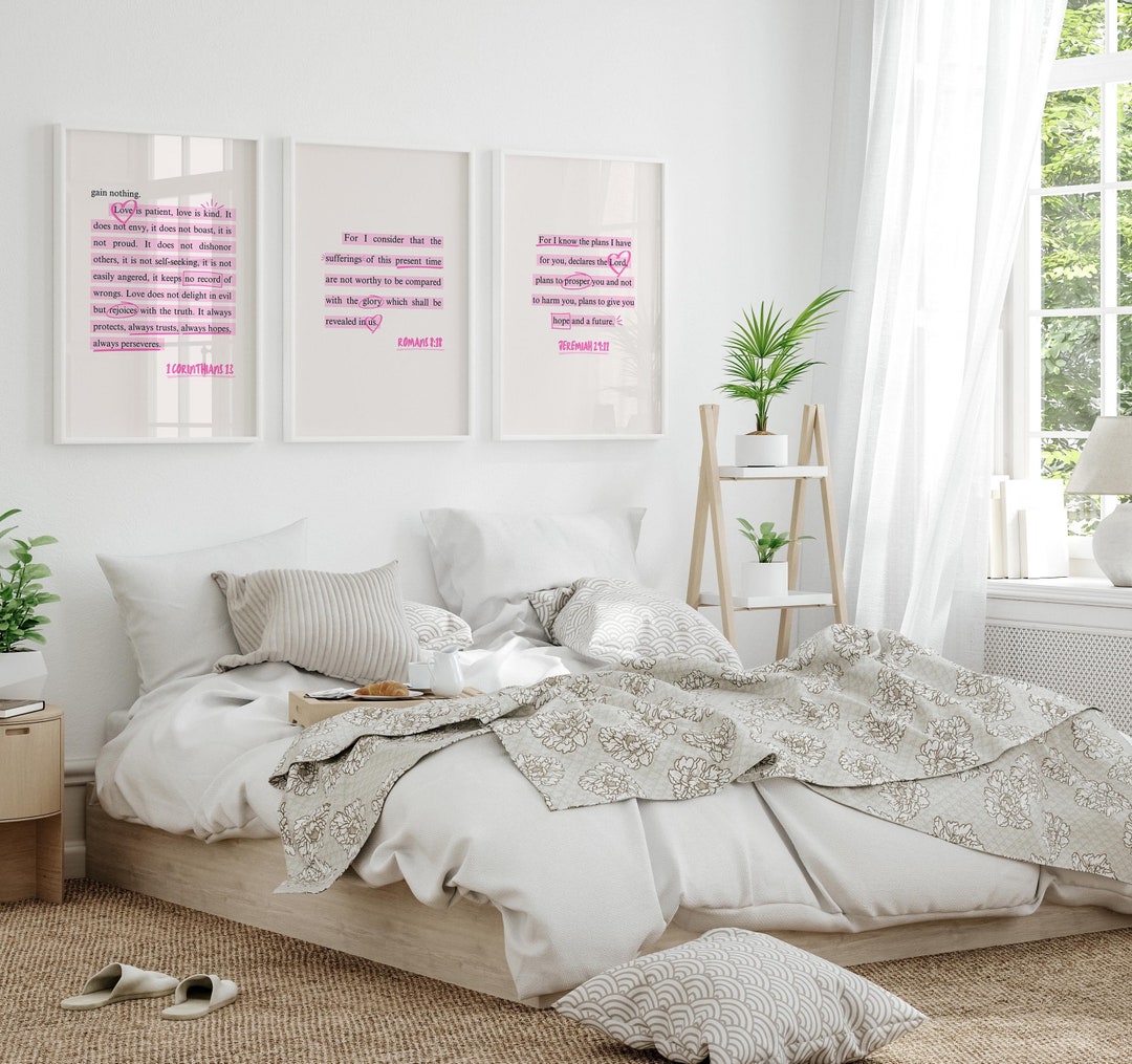 Pink Bible Verse Wall Art Set of 3 Religious Prints Romans Jeremiah ...