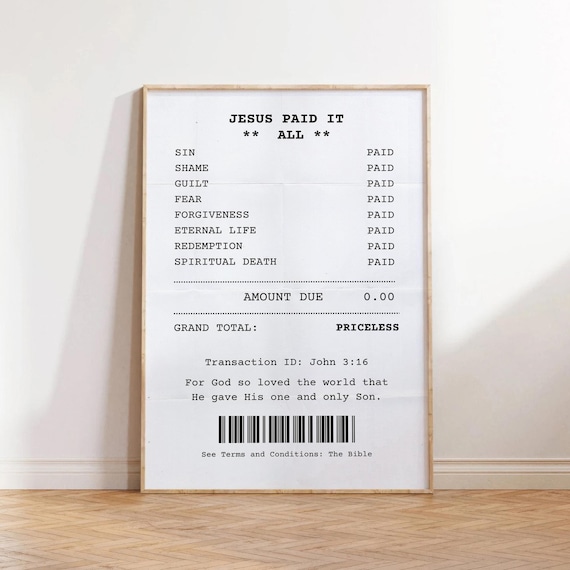 John 3 16 Wall Art Jesus Paid It All Receipt Print Retro Christian Wall Art Bible Verse Wall Art Scripture Wall Art Christian Dorm Decor