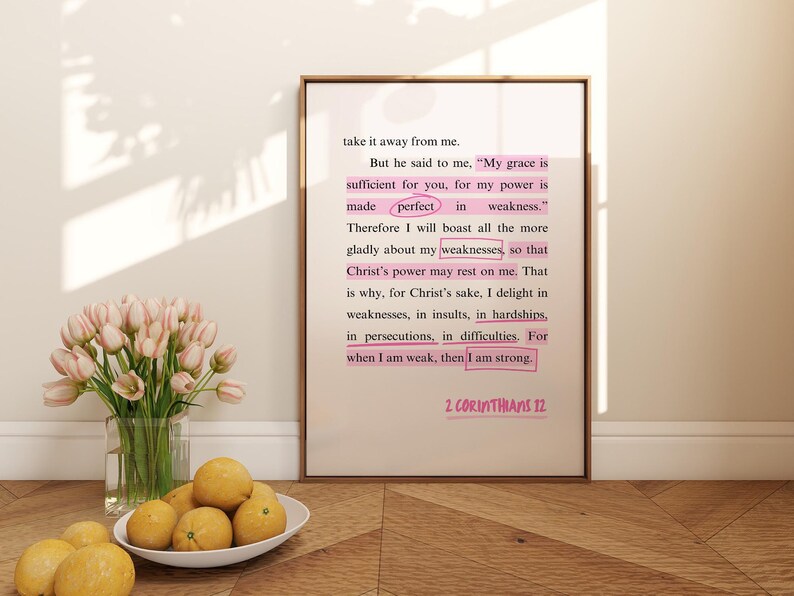 2 Corinthians 12 9 Wall Art Pink Christian Wall Art Quote Wall Prints ...