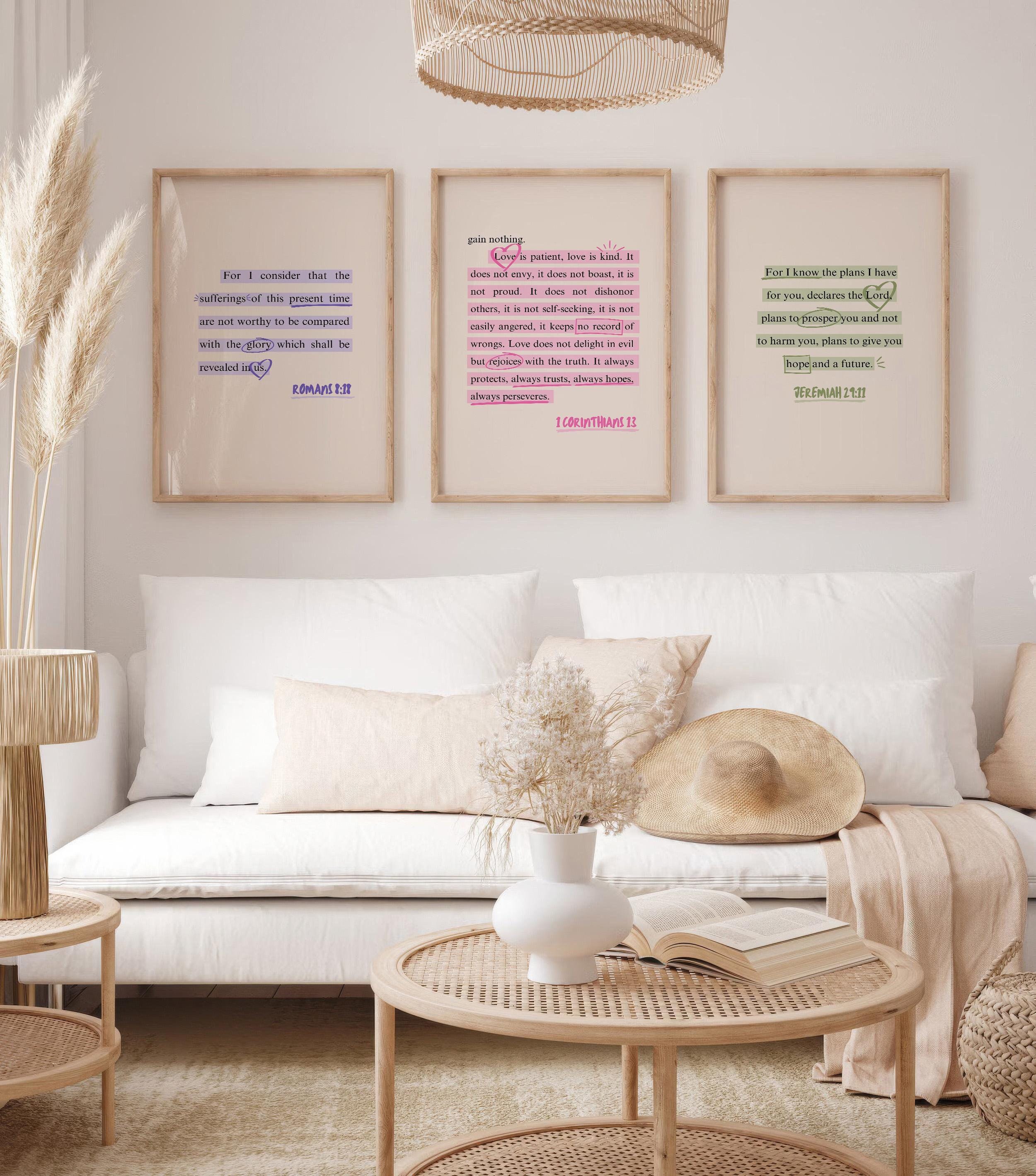Wall Scripture Bible Verse Wall Art Set of 3 Religious Prints Romans Jeremiah ...