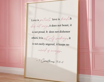 1 Corinthians 13 4-7 Wall Art Pink Christian Wall Art Trendy Pink Bible Verse Aesthetic Bible Verse Wall Art Pink Quote Christian Girl Gift