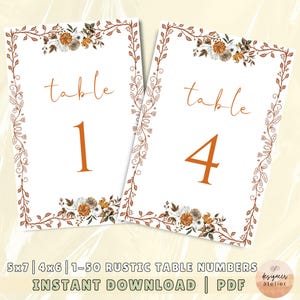 Rustic Table Numbers Printable 5x7 Fall Table Numbers 4x6 Luxury Wedding Table Numbers Digital Download Wedding Calligraphy Table Number PDF