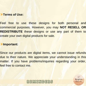 May include: Text on a yellow background with a star symbol and the words "Terms of Use" and "Important." The text explains that the designs can be used for personal and commercial purposes, but cannot be resold or redistributed. It also states that refunds cannot be issued for digital items.