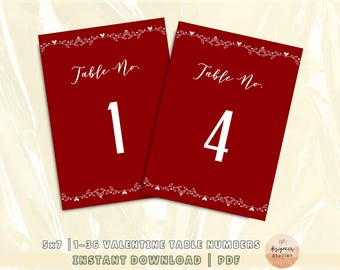 Red Table Numbers Printable 5x7 Table Numbers Valentines Wedding Reception Table Numbers 1-36 Wedding Hearts Table Numbers Instant Download