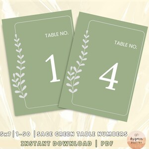 Minimalist Sage Green Wedding Table Numbers 5x7 Instant Download Wedding Table Decor Sage Green Event Table Number Signs Printable Cards PDF