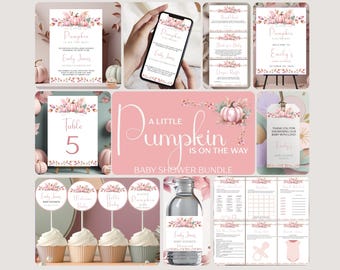 May include: A collection of baby shower stationery with a pumpkin theme. The items include invitations, table cards, cupcake toppers, and a bottle label. The color scheme is soft pink and white, with floral and pumpkin accents. The text "A Little Pumpkin is on the Way" is visible.