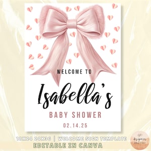 Pink Bow Baby Shower Welcome Signage Template Cute Pink Bow Heart Valentine Baby Girl Shower Pink Coquette Entrance Sign Blush Pink Bow Baby