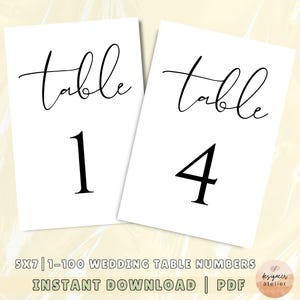 Numéros de table de mariage minimalistes imprimables 5 x 7 numéros de table numéros de table de mariage de luxe téléchargement immédiat numéros de table de calligraphie de mariage