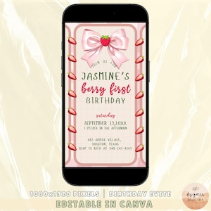Berry First Birthday Invitation Pink Gingham Strawberry Invitation Template Digital Bow Gingham Invite Baby Girl Strawberry Invitation Canva