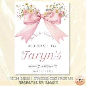 Baby in Bloom Sign Pink Bow Baby Shower Welcome Sign Pink Coquette Baby Shower Girl 18x24 Wildflower Welcome Sign Baby Shower Editable 24x36