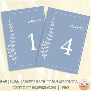 Minimalist Dusty Blue Wedding Table Numbers 5x7 Instant Download Dusty Blue Modern Table Numbers Printable Event Table Number Signs 1-50 PDF