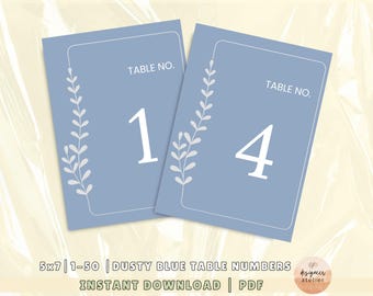 Minimalist Dusty Blue Wedding Table Numbers 5x7 Instant Download Dusty Blue Modern Table Numbers Printable Event Table Number Signs 1-50 PDF