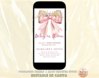 Baby in Bloom Invitation Digital Pink Bow Baby Shower Invite Digital Mobile Baby in Bloom Floral Invitation Wildflower Babyshower Invitation