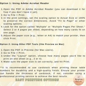 May include: Instructions for printing table numbers using Adobe Acrobat Reader or Preview on a Mac. The text recommends using cardstock for durability and a high-quality finish.  It also suggests using a professional printing service if your printer cannot handle the thickness of cardstock.