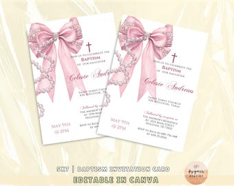 Modèle d'invitation de baptême moderne faire-part de baptême fille bébé avec noeud rose pâle, invitation de baptême élégant modifiable, perles d'invitation de baptême