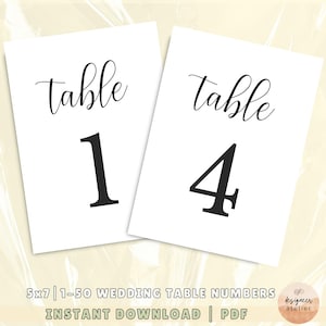 May include: Two white cards with black text. The text on the cards reads "Table 1" and "Table 4". The cards are 5x7 inches and are part of a set of 1-50 wedding table numbers.