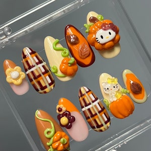 Puede incluir: Conjunto de diez uñas postizas con diseños de temática otoñal. Las uñas presentan patrones de cuadros, calabazas, hojas y flores. Algunas uñas tienen un diseño 3D con un pequeño personaje de Hello Kitty en una calabaza.