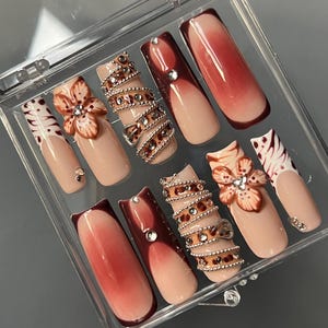 Animal print nails - fall press on nails - reusable press on nails - French nails - 3D flower nails - birthday nails - party nails - long