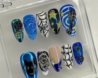 Coraline Themed Nails - Halloween Reusable Press ons, Spiderweb Nail