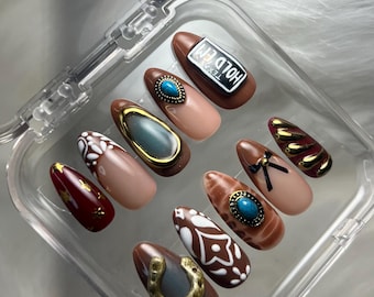 Hand Painted Cowboy Carter Press On Nails – Rodeo Turquoise Gem Nails