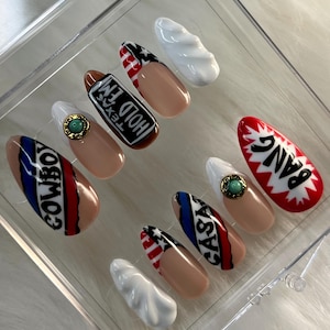 Benutzerdefinierte Cowboy Carter Press On Nails - Namensbanner-Schärpe Beyoncé - inspirierte Nägel -Bandana Cowboy-Nägel - Amerikanische Flagge - Türkis-Edelsteinnägel