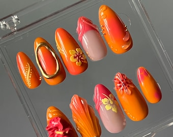 Sunset Paradise Press On Nails: 3D Flowers, Gold Chrome, Pink and Orange Airbrush Aura
