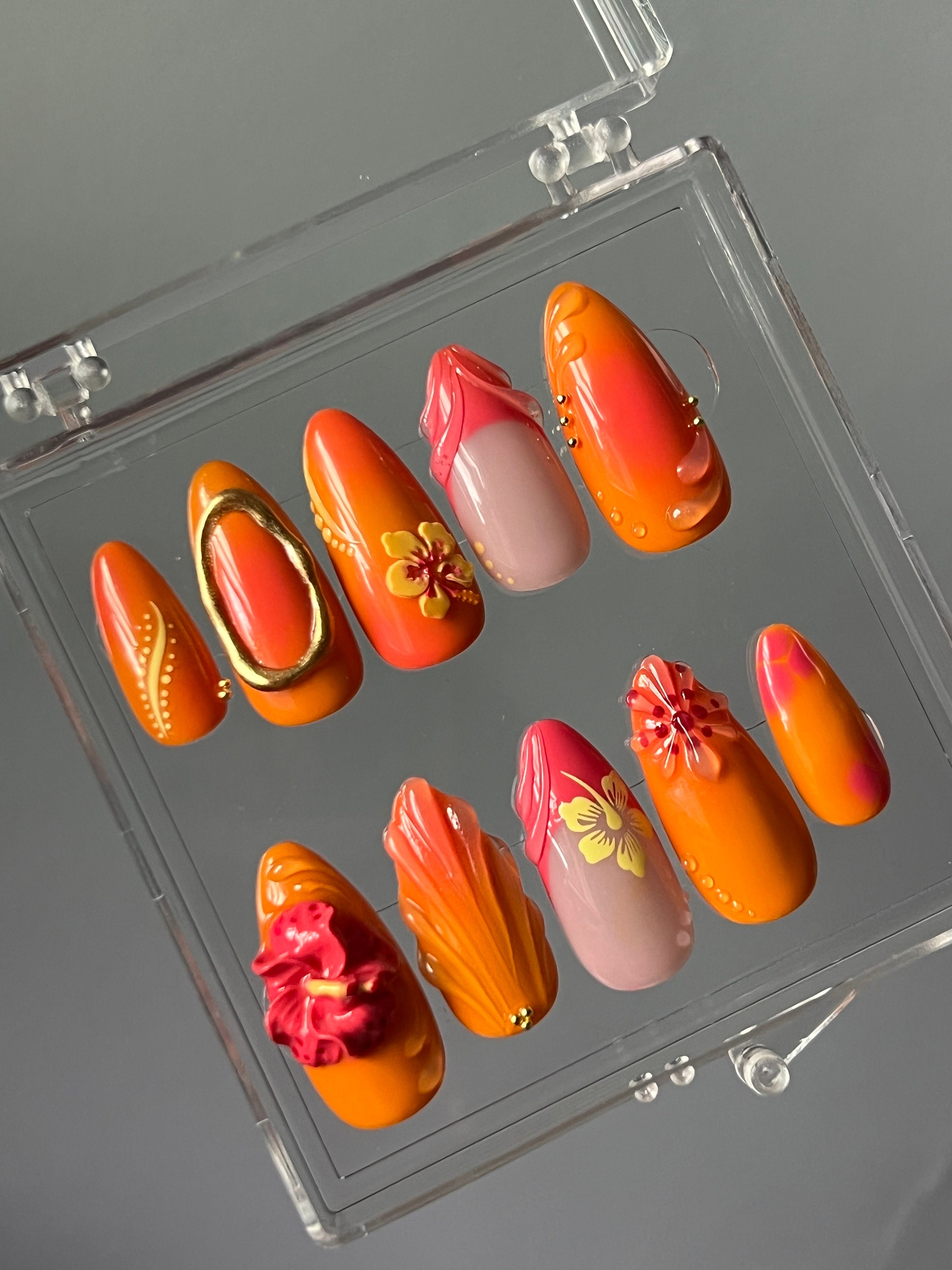 Sunset Paradise Press on Nails: 3D Flowers, Gold Chrome, Pink and