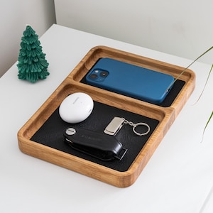 Handgemaakte valetdienblad, leren bureau-organizer, decoratief houten dienblad, moderne catchall, organisator cadeaublad, bureauaccessoires, sieradenschaal