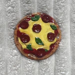 handmade clay pepperoni pizza shaped coaster
