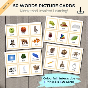50 語の絵カード | モンテッソーリ教育にインスパイアされた | 印刷可能な語彙ビルダー | ホームスクール学習リソース