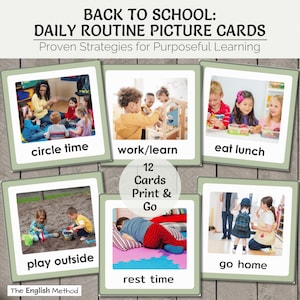 May include: A set of 12 square daily routine picture cards with sage green borders. Each card features a photograph of children engaged in activities labeled with text: circle time, work/learn, eat lunch, play outside, rest time, and go home.