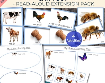 Puede incluir: Paquete de extensión de lectura en voz alta educativo titulado "MR BROWN CAN MOO! CAN YOU?" con tarjetas didácticas de animales, tapetes de clasificación y el texto "¡4 Actividades!" Las imágenes incluyen una vaca, un gallo, una abeja y corchos.