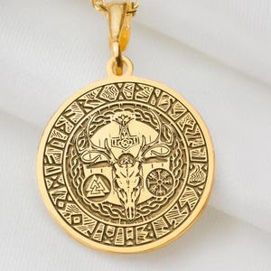 14K Massivgold Nordische Mythologie Halskette, Wikinger Amulett, Thors Hammer, Walküre Symbol Anhänger Halskette, Wikinger Goldmedaillon, Nordisches Geschenk