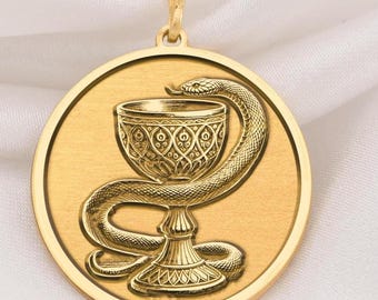14K Solid Gold Pharmacy Necklace, Ancient Healing Medical Symbol Jewelry, Gift for Pharmacist, Bowl of Hygieia, Healing Serpent Necklace