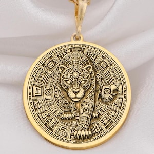 14K Gold Jaguar Pendant Necklace, Sterling Silver Mayan Aztec Jewelry, Jaguar Totem Charm, Animal Necklace Gifts, Handmade Medallion