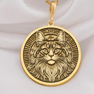 14K Gold Maine Coon Pendant, Sterling Silver Cat Necklace, Feline Medallion, Pet Lover Jewelry, Engraved Cat Coin Charm, Handmade Gift