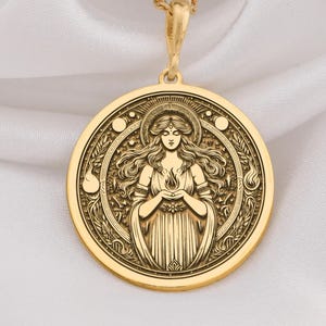 14K Gold Hestia Goddess Pendant Necklace, Sterling Silver Mythology Medallion, Celestial Boho Jewelry for Women, Unique & Handmade Gift