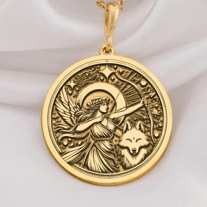 14K Gold Artemis Pendant, Sterling Silver Greek Goddess Wolf Medallion, Mythology Jewelry