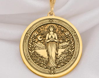 14K Gold Hestia Goddess Pendant Necklace, Greek Mythology Charm