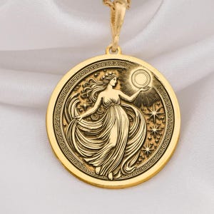14K Gold Theia Goddess Necklace, Sterling Silver Greek Mythology Pendant, Celestial Sun and Moon Jewelry, Handmade Greek Goddess Charm