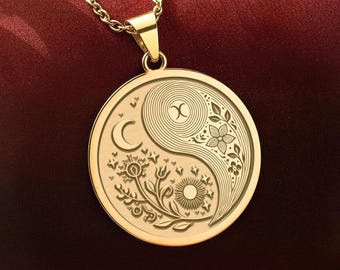 Sol och måne Yin Yang halsband: 14K guld himmelsk balans, andlig gåva