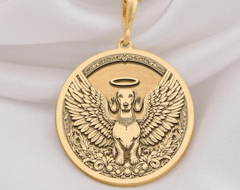 14K Gold Dachshund Angel Pendant, Sterling Silver Dog Memorial Necklace