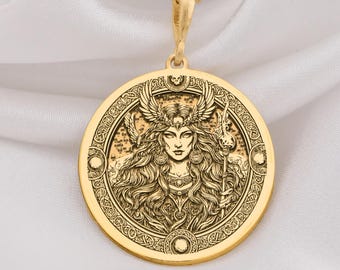 14K Gold Freya Norse Goddess Pendant, Sterling Silver Viking Necklace
